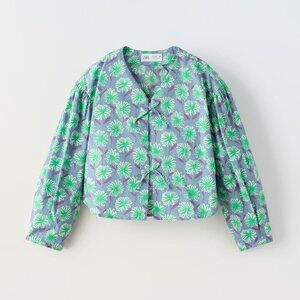NWT Zara girls blue green purple floral blouse with ties bows 13-14